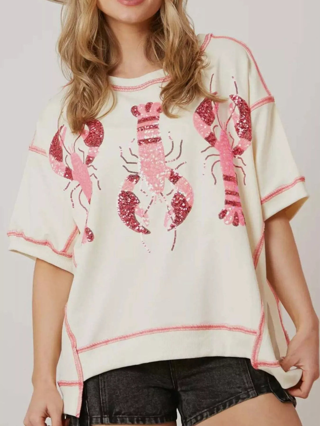 Sequin Lobster Half Sleeve T-Shirt - cas7m