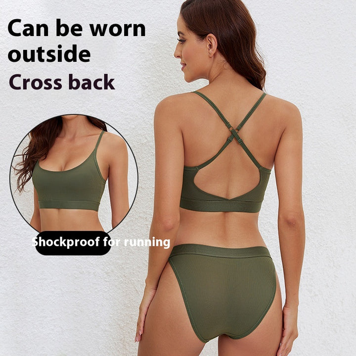 Ice Silk Seamless Bra Set Women's Sling Cross Beauty Back Yoga Underwear - cas7m