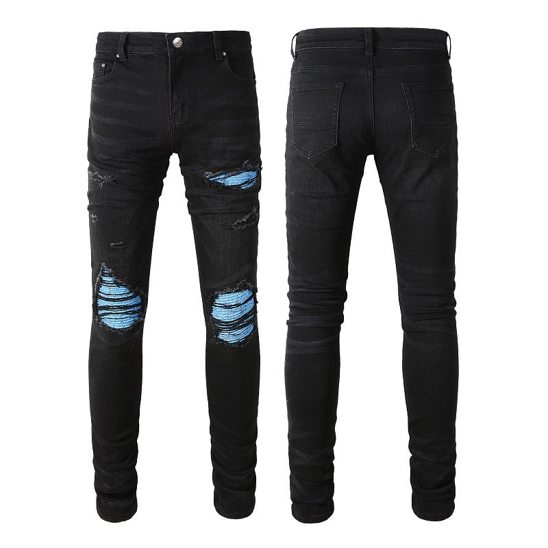 Trendy Brand Ripped Patch Jeans Patch Elastic - cas7m