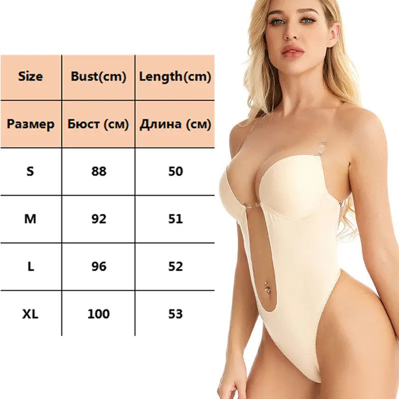 Woman wearing a beige bodysuit with size chart on the left