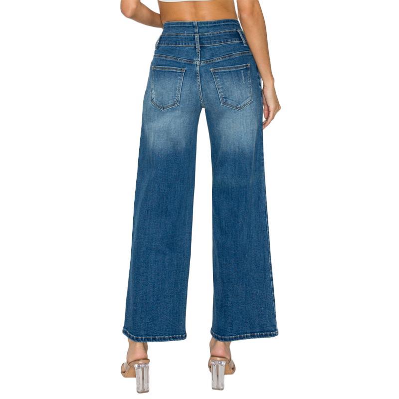 Women's Medium Blue Elastic Waist Jeans - Wide Leg Casual Denim - cas7m