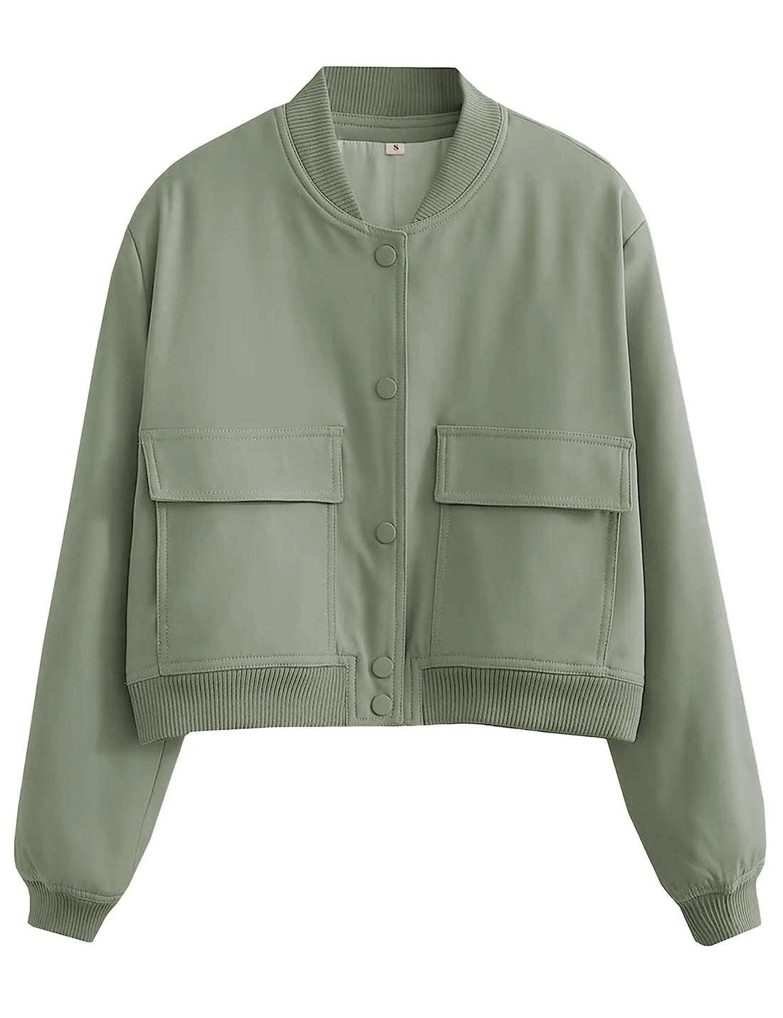 An olive green cropped bomber jacket with a ribbed collar, cuffs, and hem, featuring a button-up front and two large flap chest pockets, shown against a plain white background.