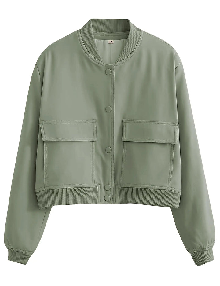 An olive green cropped bomber jacket with a ribbed collar, cuffs, and hem, featuring a button-up front and two large flap chest pockets, shown against a plain white background.