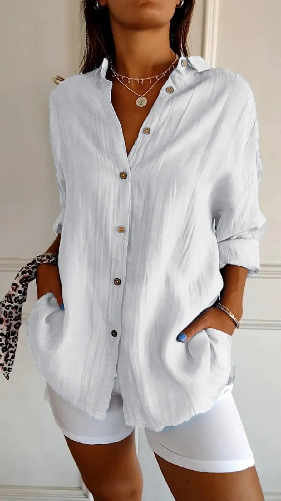 Lapel Long Sleeve Shirt Women's Single-breasted Pleated Shirt Tops Clothing - cas7m