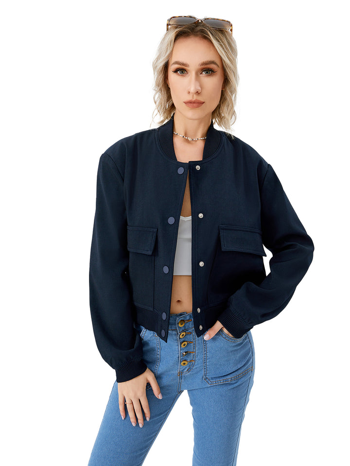 Women's Lightweight Cropped Bomber Jacket Casual Long Sleeve Varsity Jacket With Pocket Fashion Y2k Jacket Streetwear - cas7m