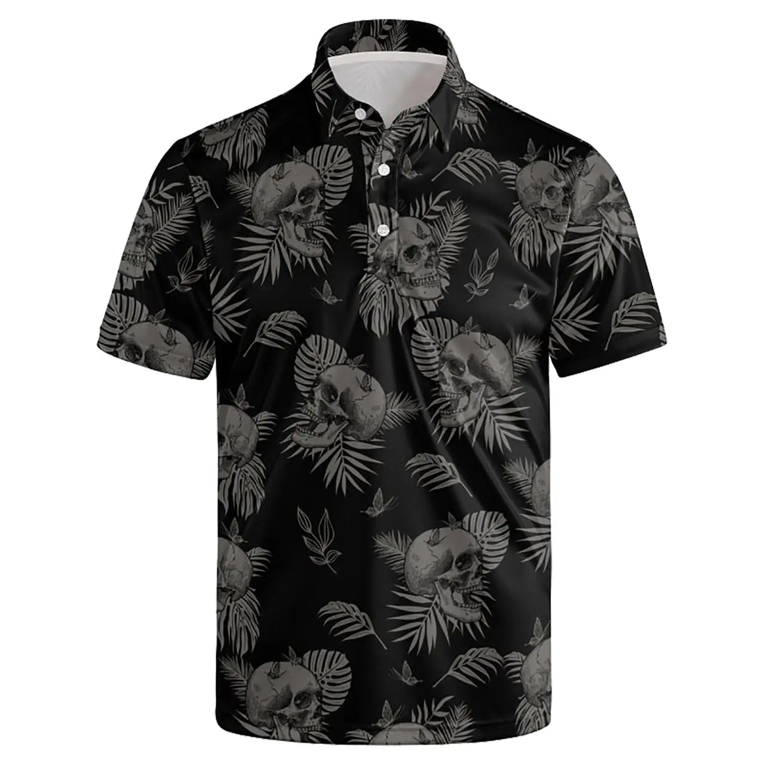 Black shirt with skull and leaf pattern on a white background
