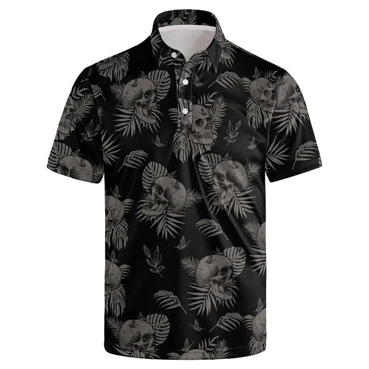 Black shirt with skull and leaf pattern on a white background