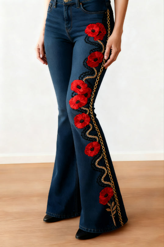 Women's Casual Floral Print Slim-fit Flared Jeans - cas7m