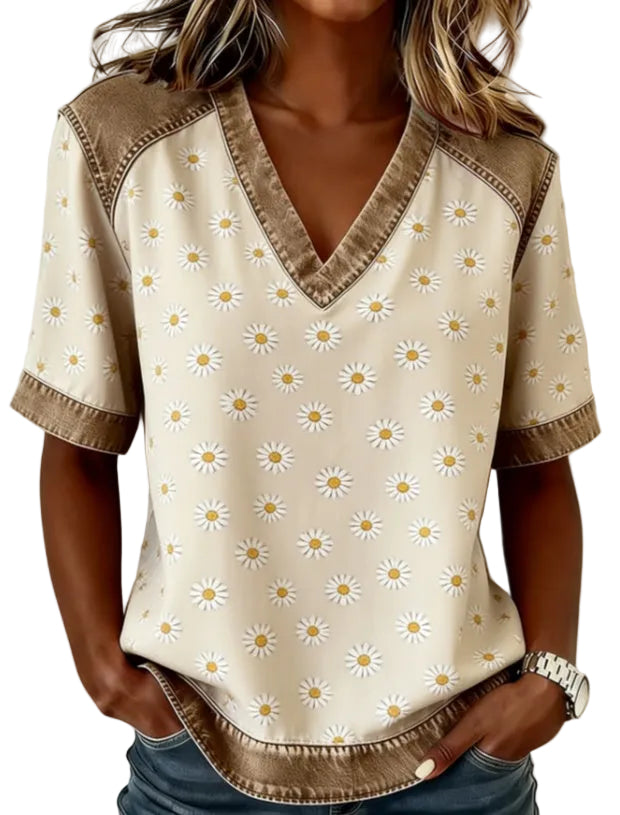 Color-blocked V-neck Raglan Sleeve T-shirt For Women, Loose Fit, Casual And Versatile Short Sleeve. - cas7m