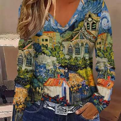 Fashionable Casual Geometric V-Neck Long-Sleeve Top For Women - cas7m