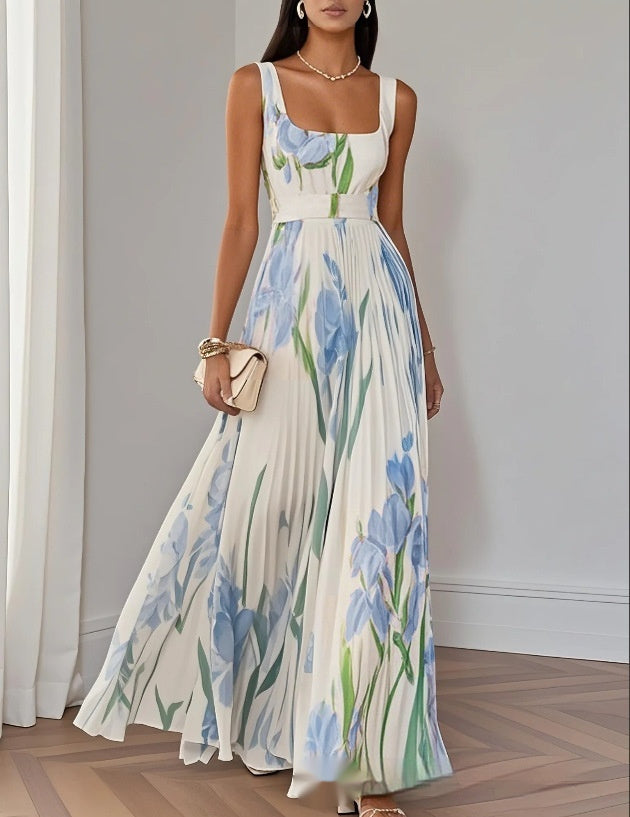 Floral Print Pleated Dress Summer A-Line Sleeveless Midi Dresses Women's Clothing - cas7m