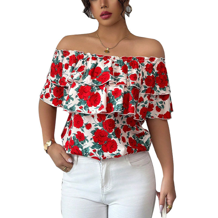 Off-shoulder Short-sleeved Shirt Double-layer Ruffled Women's Clothing - cas7m