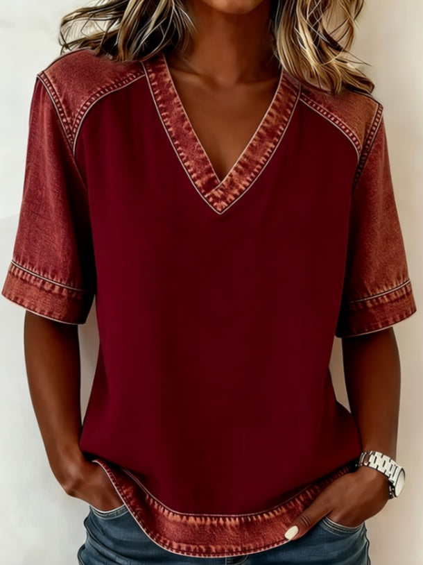 Color-blocked V-neck Raglan Sleeve T-shirt For Women, Loose Fit, Casual And Versatile Short Sleeve. - cas7m